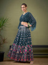 Women Green Floral Anarkali Skirt With Crop Top