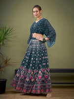 Women Green Floral Anarkali Skirt With Crop Top