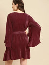 Flared mini dress with belt in Maroon