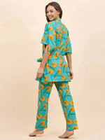 Kurta Pyjama with Kaftan Overlay Set in Yellow Fruit Print