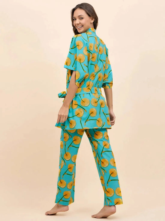 Kurta Pyjama with Kaftan Overlay Set in Yellow Fruit Print