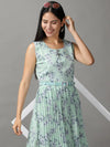 Women's Green Floral Fit and Flare Dress-KG-502-Green