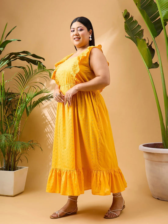 Women Yellow Schiffli Frill Shoulder Midi Dress