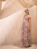 Women Maroon Geometric Back-Tie Dori Cut-out Tiered Maxi