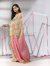 Beige Cotton Saree With Stripes Design & Dual Border-MA55CT06540034