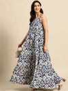 Tiered maxi Dress in Blue Ikkat Print