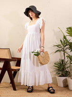 Women White Schiffli Square Neck Frill Hem Maxi Dress