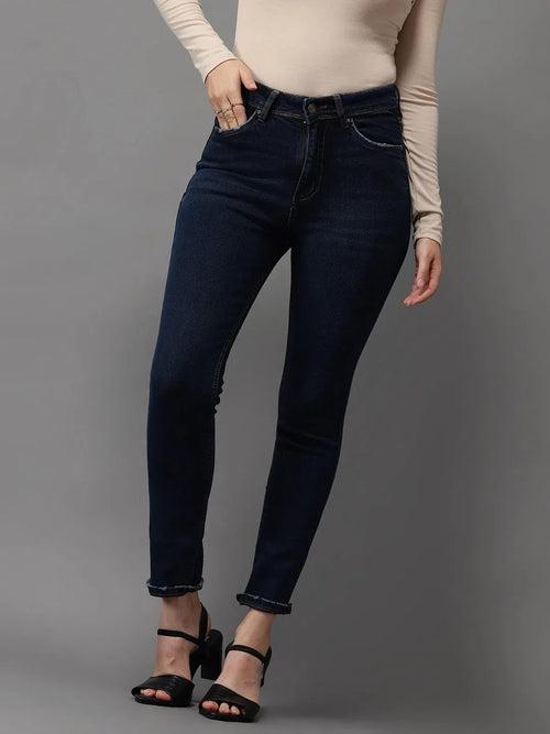 Women's Navy Blue Solid Slim Fit Denim Jeans-GZ-5206-1-Navyblue