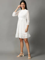 Women's White Solid Fit and Flare Dress-HQ-23-White