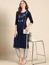 Women's Navy Blue Embellished Straight Kurta-SKC-3222-Navyblue