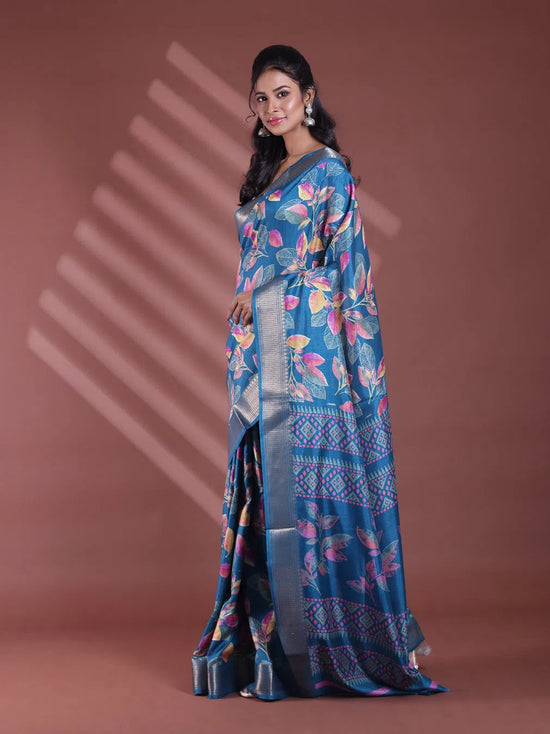 Teal Blue Foliage Print Silk Soft Saree With Zari Border-MA60BSL01460024