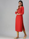 Women's Red Striped Straight Kurta-HO386-Red