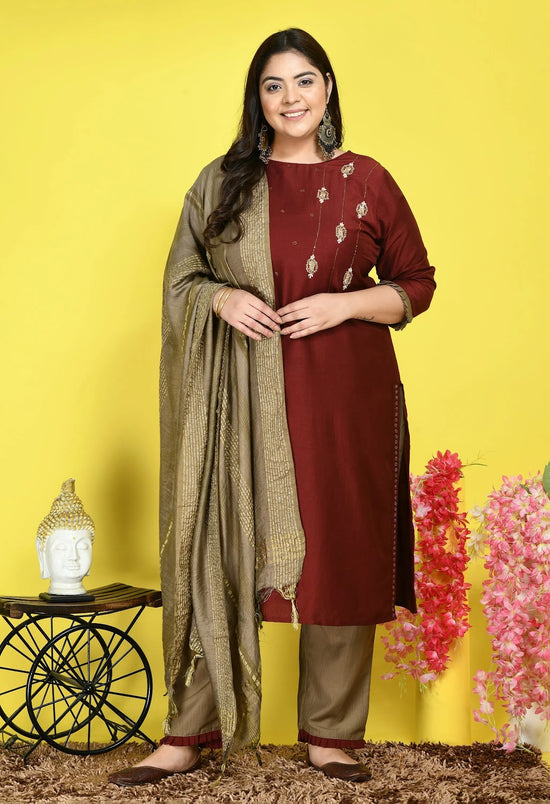 Plus Size Maroon Cotton Silk Embellished Kurta Set