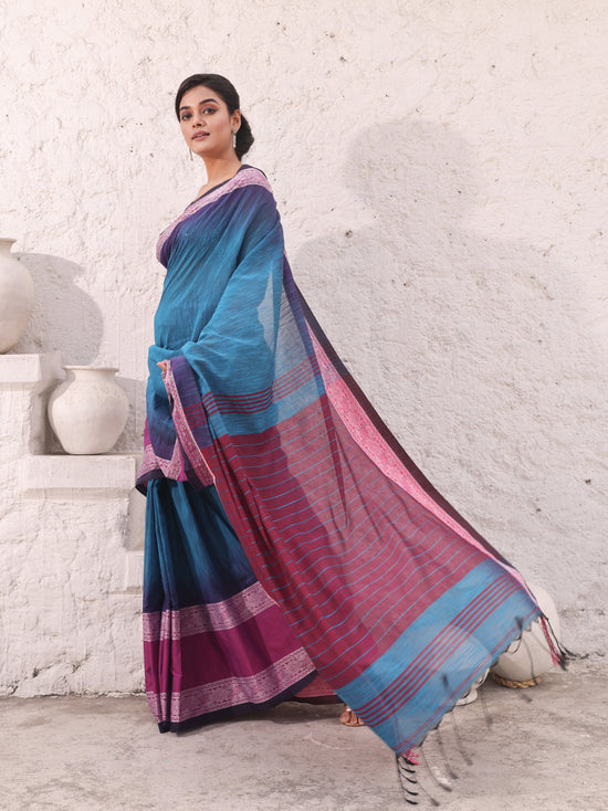 Teal Blue Pure Cotton Ikkat Saree With Texture Border-MA54CT33500066