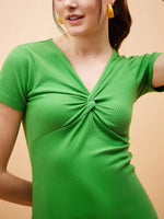 Women Green Rib Twisted Neck Top