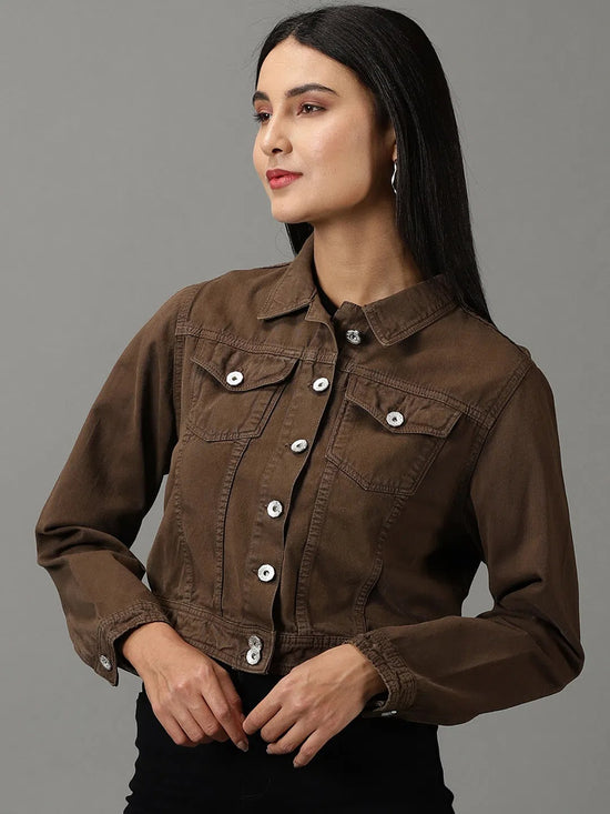 Women's Brown Solid Denim Jacket-IM-10322-Brown