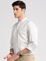 Men Mandarin Collar Solid White Casual Shirt-VERGE-2212-White