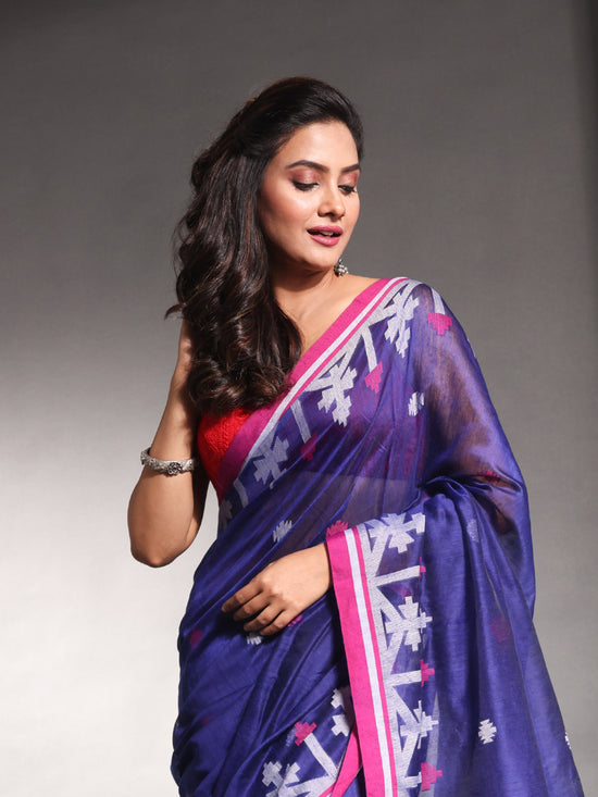 Navy Blue Cotton Silk Saree With Texture Border-MA54CTSL33610110