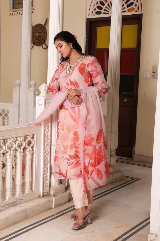 Vaasva Women Peach Tabby Slik Print & Embroidered Kurta, Pant & Dupatta set