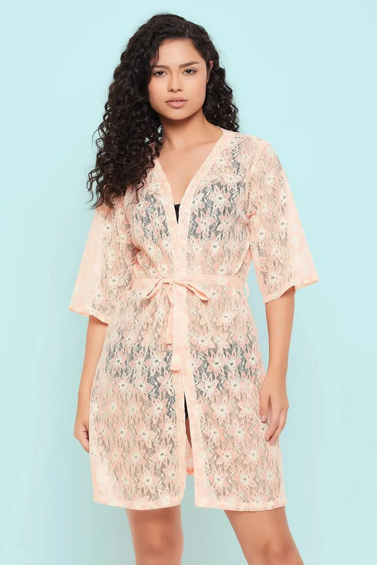 Clovia Chic Basic Sheer Robe in Peach Colour - Lace