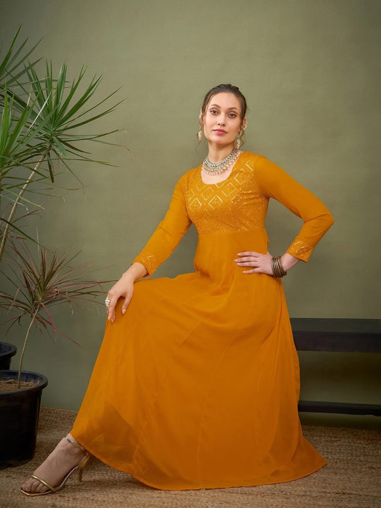 Women Mustard Embroidered Anarkali Maxi Kurta