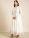 Women Anarkali Off White Floral Kurta and Trousers Set Comes With Dupatta and Potli Bag-GW-4048-Offwhite