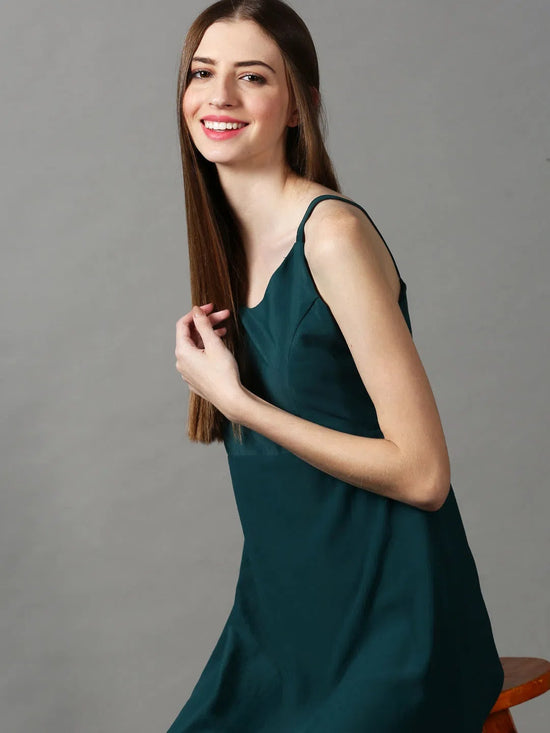 Women's Green Solid A-Line Dress-AE-15057-Green