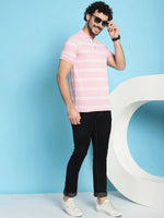 Venitian Men Henley Neck Striped Cotton Pink T-Shirt