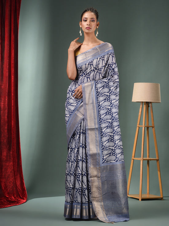 Midnight Blue Blended Silk Handwoven Ajrakh Print Saree-MA50BSL34830025