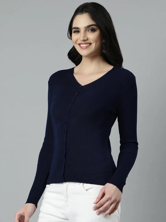 Women Navy Blue Solid Tailored Jacket-LT-2111-Navyblue