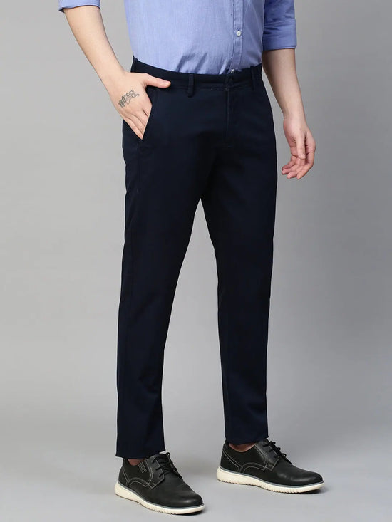 Genips Men's Cotton Stretch Caribbean Slim Fit Solid Navy Color Trousers