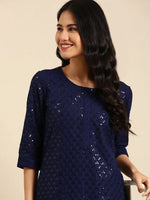 Women's Blue Embroidered Straight Kurta-MRF-1059-Navyblue