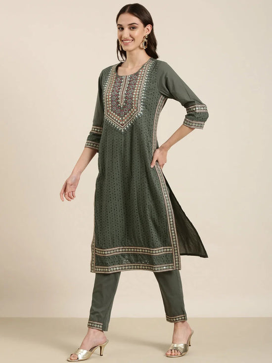 Women Olive Solid Kurta Set-RF-2039-Olive