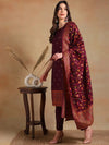 Ahika Women Burgundy Poly Chanderi Woven Design Straight Kurta Pant Set With Dupatta