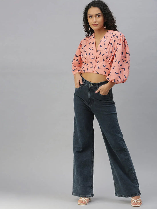 Women's Peach Printed Crop Tops-AE-10292-Peachnavyblue