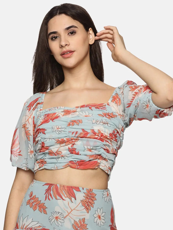 Floral light Blue Rushing Detail Crop Top-17375