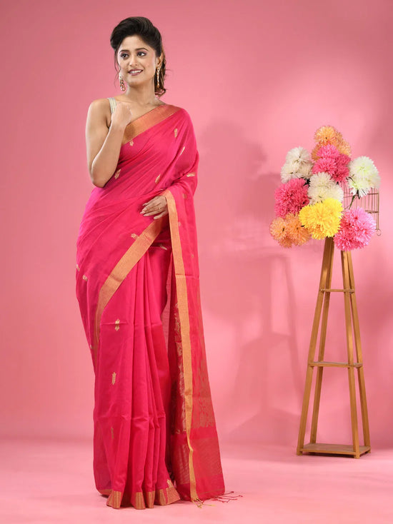 Fuchsia Cotton Blend Handwoven Saree With Texture Motifs-MA51BCT431270021