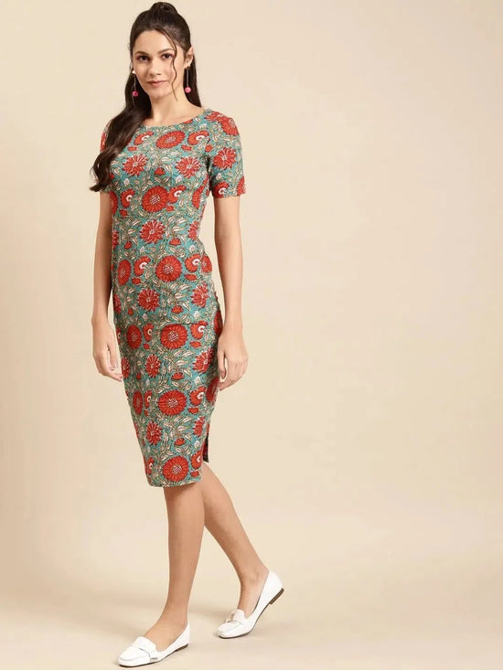 Pencil fit printed Midi Dress with back slit in Blue and Red Print