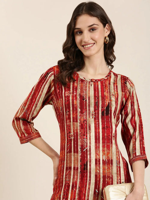 Women Maroon Striped Straight Kurta-HO-2723-Maroon