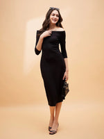 Women Black Rib Off Shoulder Midi Dress