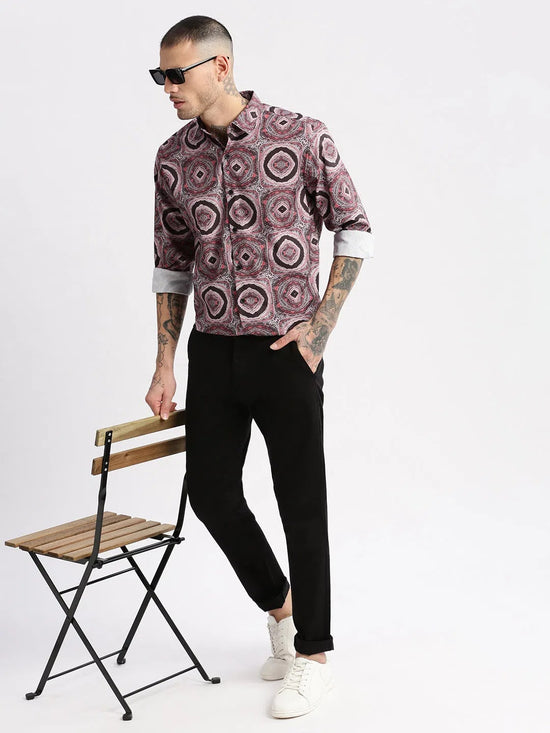 Men Spread Collar Geometric Black Casual Shirt-PELSIC-2250-Black