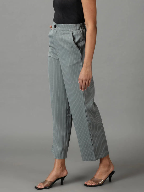 Women's Olive Striped Formal Trouser-IM-9895-Olive