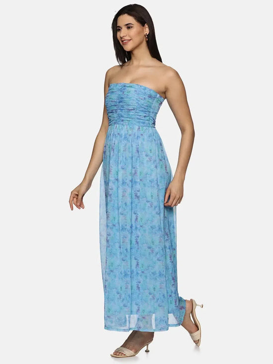 Floral Blue Front Gathered Maxi Dress-17349