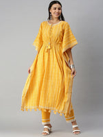 Women's Yellow Geometrical Kurta Sets-DW-1230-Mustardoffwhite