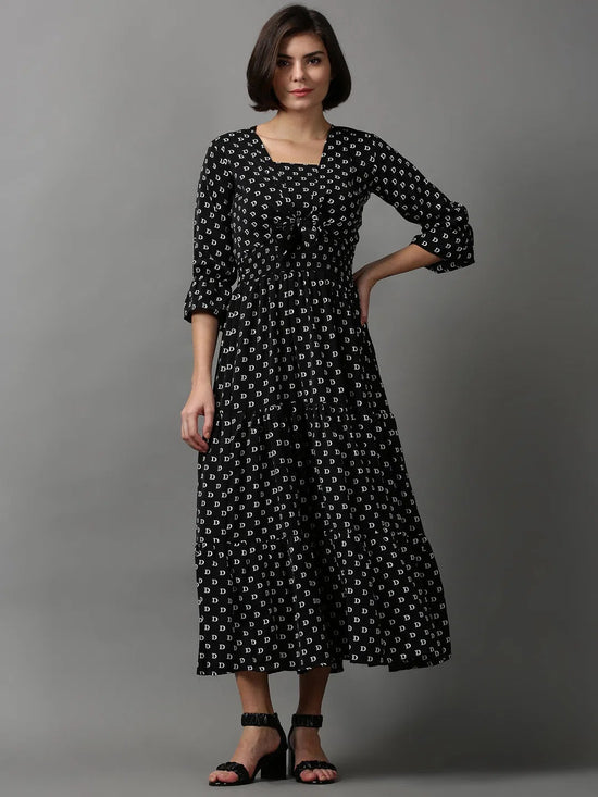 Women's Black Printed Fit and Flare Dress-AE-15617-Black