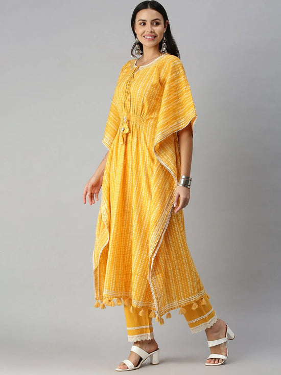 Women's Yellow Geometrical Kurta Sets-DW-1230-Mustardoffwhite