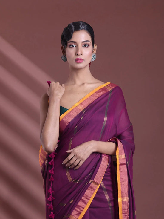 Purple Pure Cotton Zari Stripe Soft Saree With Zari Border-MA59CT06520066