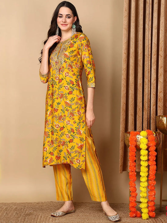 Ahika Women Yellow Silk Blend Printed Straight Kurta Pant Set With Dupatta