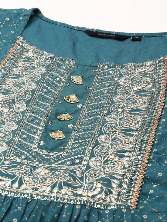 Women's Teal Printed Kurta Set-BCSK-1525-Teal