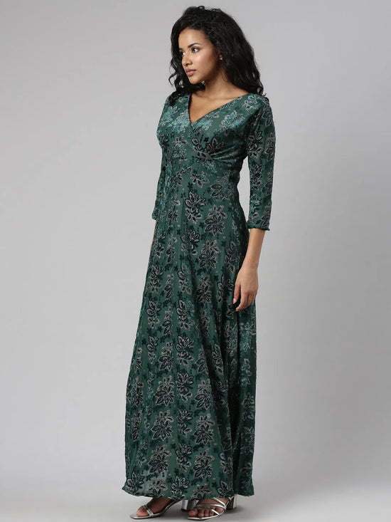 Women Green Floral Empire Dress-TE-116-Green